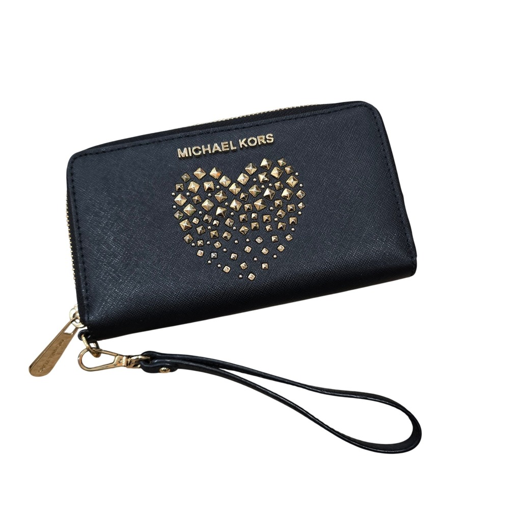 Michael Kors Wristlet Womens OS Black Studded Heart Saffiano Leather Zip Around